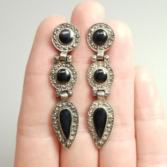 Vintage Black and Silver Tone Dangle Stud Earrings, 80s 90s Style, Estate - Picture 6 of 6